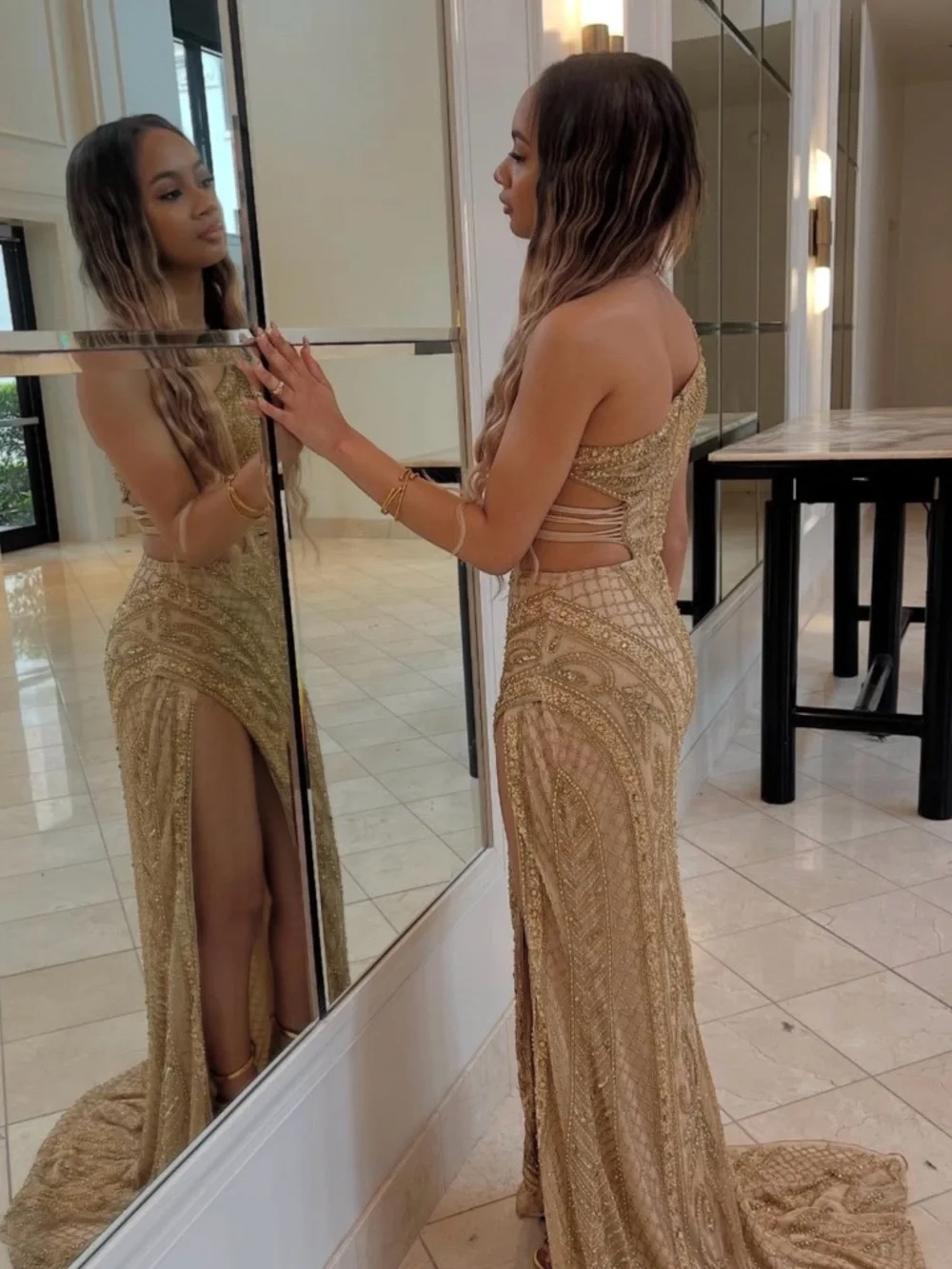 Jovani Gold Embellished one shoulder Evening Maxi Formal Gown with High Slit - Picture 11 of 12